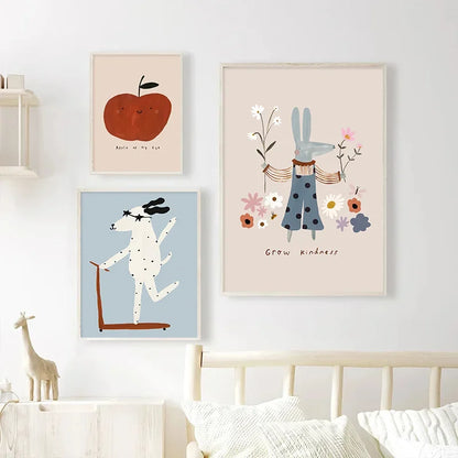 Soft pastel animal nursery print with dog rabbit and wildflowers

