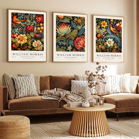 3-piece William Morris flower market canvas poster set for vintage wall decor
