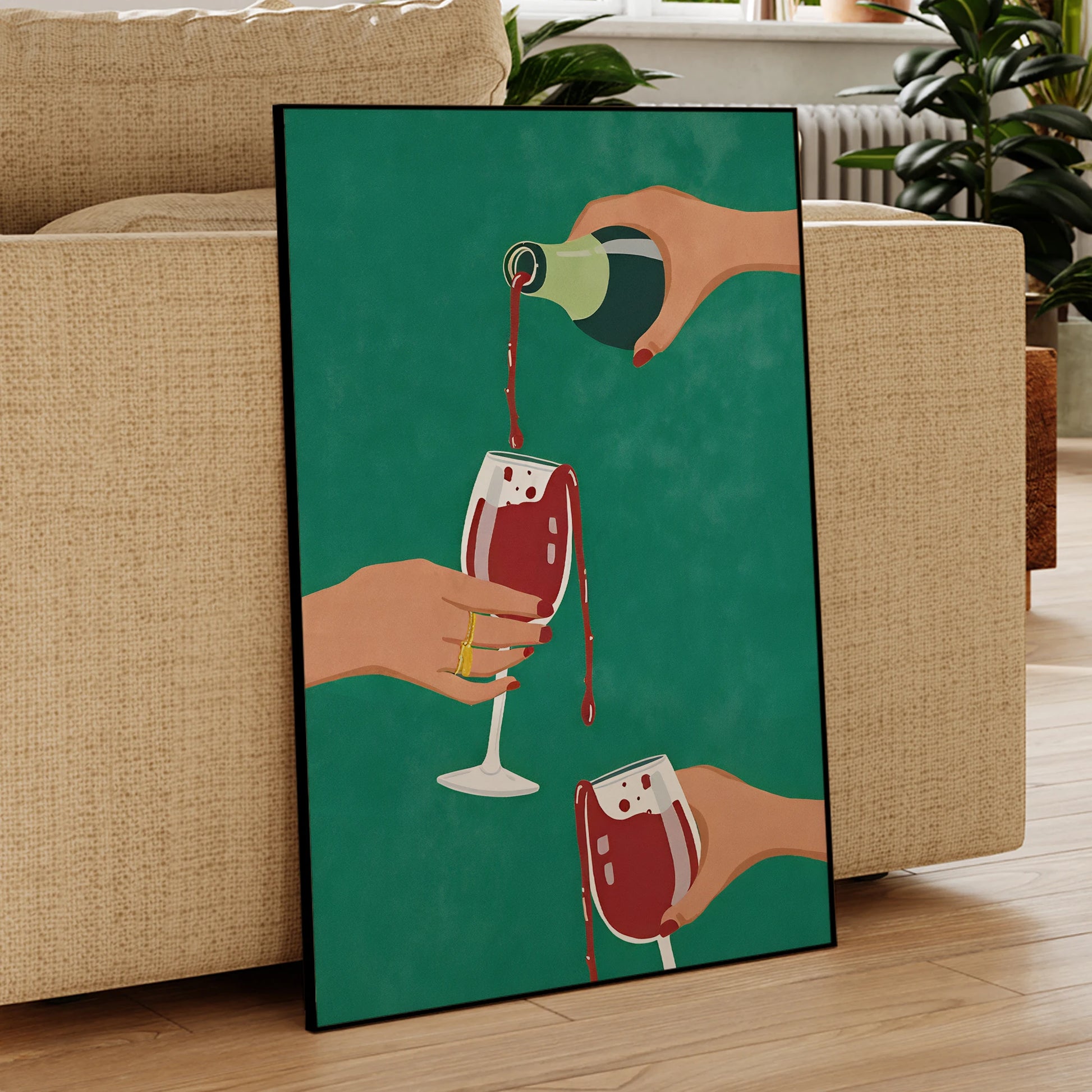 Colorful wine-themed canvas painting with modern abstract design

