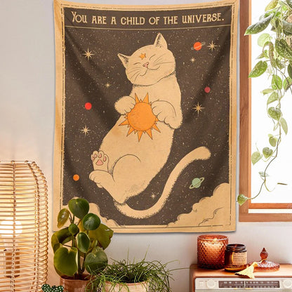 Witchy aesthetic cat tapestry with sun and moon celestial design

