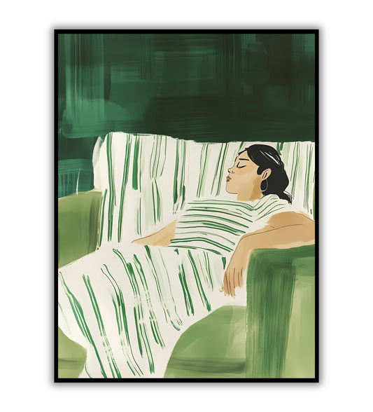 Woman on the sofa poster for relaxing home decor, modern art prints, and cozy living room wall art.