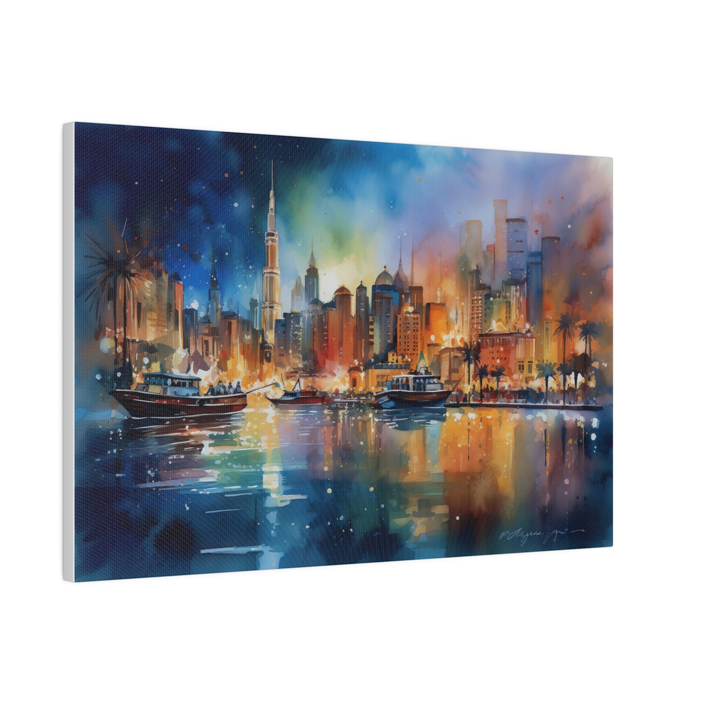 Nightscapes of Dubai Watercolor Print - Matte Canvas